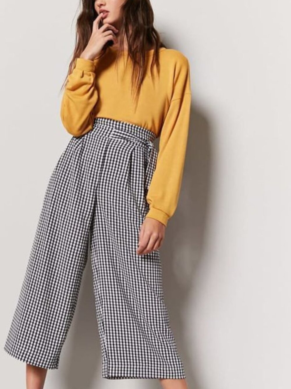 Forever 21 Black White Gingham High-Waisted Wide-Leg Culottes Cropped Pants L